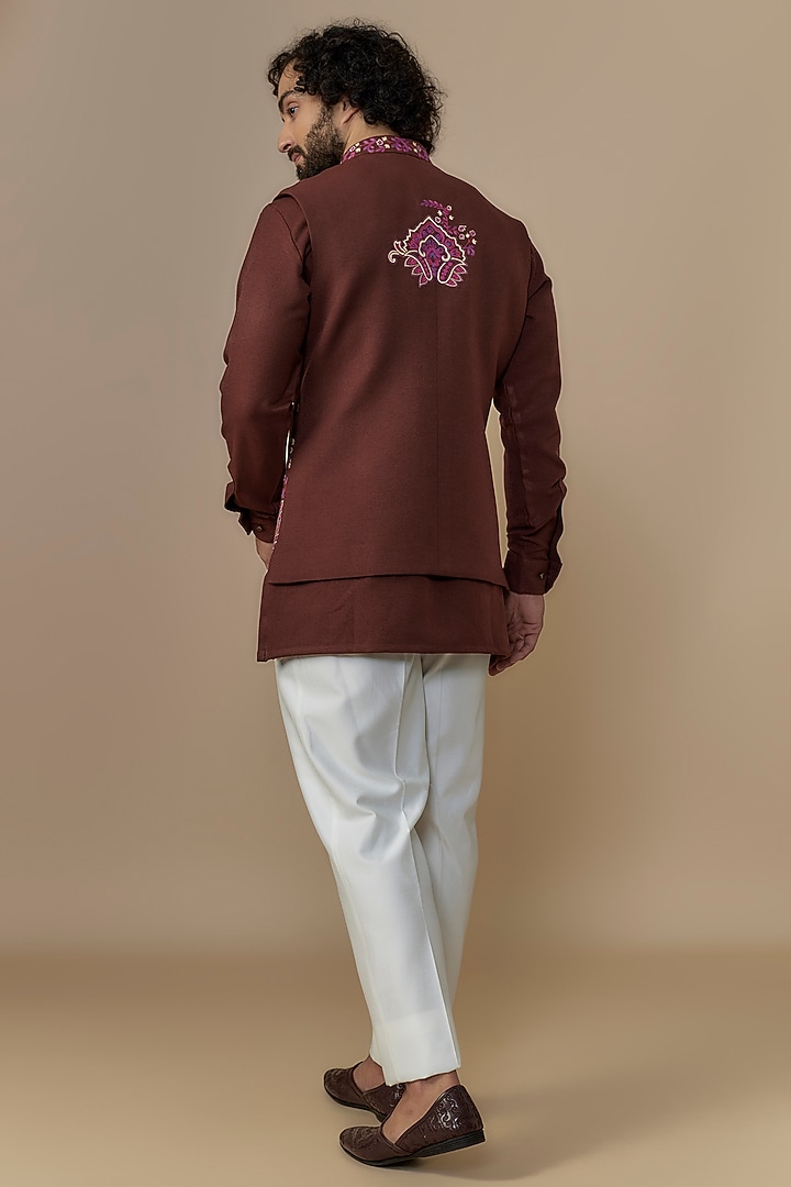 Burnt Orange Terry wool Kashmiri Embroidered Bundi Jacket Set by AUGUST by Swati Akash Jhunjhunwala at Pernia's Pop Up Shop