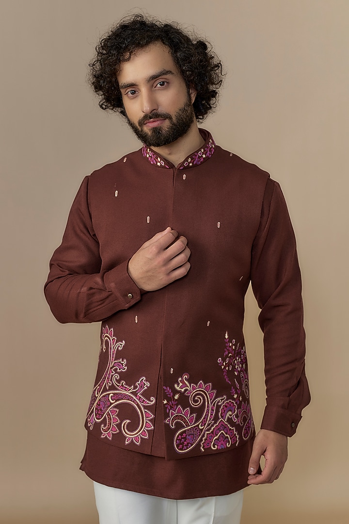 Burnt Orange Terry wool Kashmiri Embroidered Bundi Jacket Set by AUGUST by Swati Akash Jhunjhunwala at Pernia's Pop Up Shop