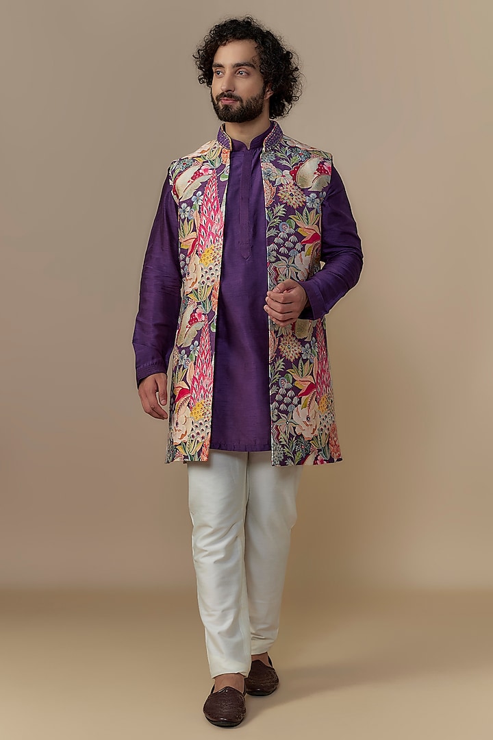 Purple Blended Dupion Chintz Printed Bundi Jacket Set by AUGUST by Swati Akash Jhunjhunwala