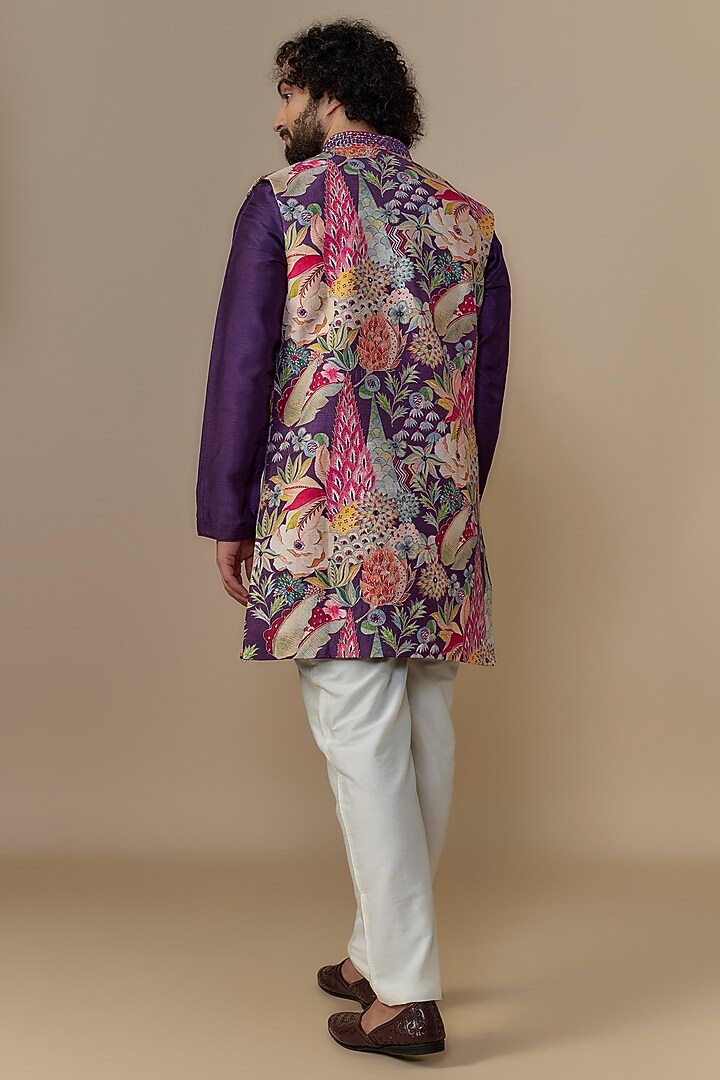 Purple Blended Dupion Chintz Printed Bundi Jacket Set by AUGUST by Swati Akash Jhunjhunwala at Pernia's Pop Up Shop