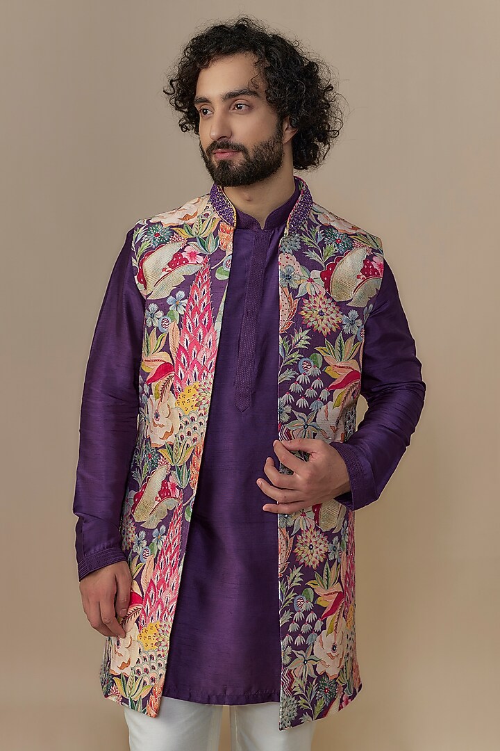 Purple Blended Dupion Chintz Printed Bundi Jacket Set by AUGUST by Swati Akash Jhunjhunwala at Pernia's Pop Up Shop