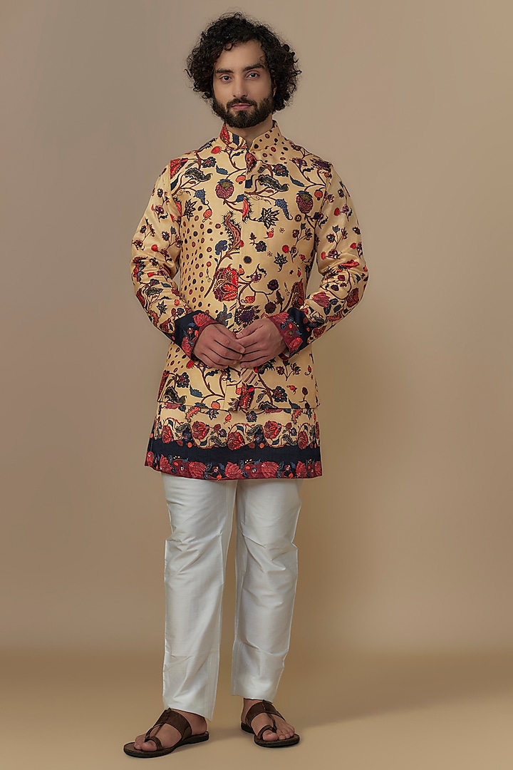 Gold Blended Dupion Chintz Printed & Hand Embroidered Bundi Jacket Set by AUGUST by Swati Akash Jhunjhunwala