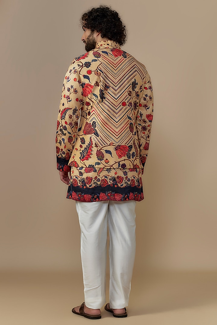 Gold Blended Dupion Chintz Printed & Hand Embroidered Bundi Jacket Set by AUGUST by Swati Akash Jhunjhunwala at Pernia's Pop Up Shop