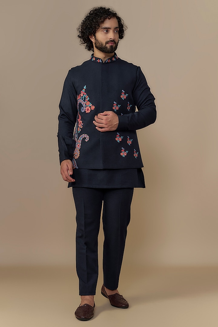 Midnight Blue Terry Wool Kashmiri Embroidered Bundi Jacket Set by AUGUST by Swati Akash Jhunjhunwala at Pernia's Pop Up Shop