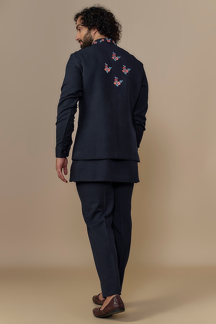 Midnight Blue Terry Wool Kashmiri Embroidered Bundi Jacket Set by AUGUST by Swati Akash Jhunjhunwala at Pernia's Pop Up Shop