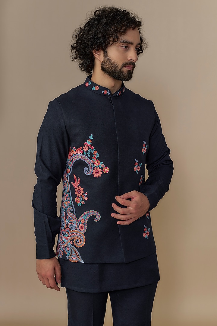 Midnight Blue Terry Wool Kashmiri Embroidered Bundi Jacket Set by AUGUST by Swati Akash Jhunjhunwala at Pernia's Pop Up Shop