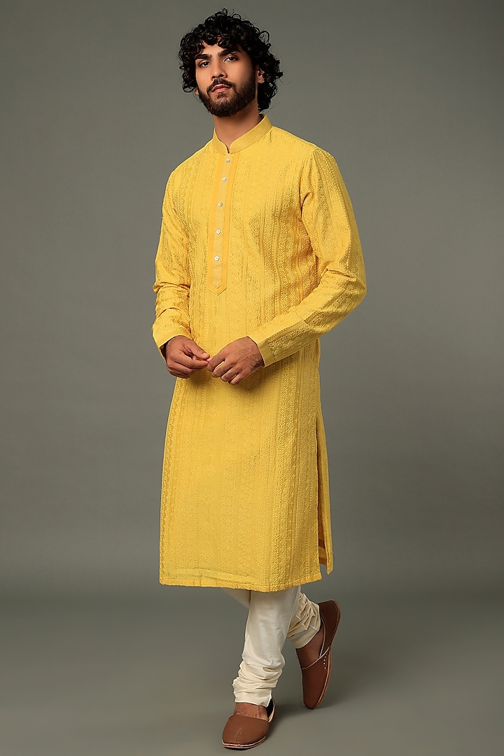 Haldi Yellow Silk Kurta Set by AUGUST by Swati Akash Jhunjhunwala