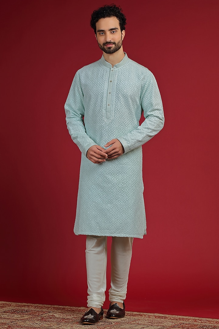 Frosty Mint Silk Blend Chikankari Embroidered Kurta Set by AUGUST by Swati Akash Jhunjhunwala