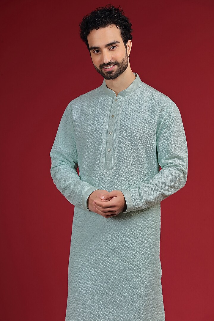Frosty Mint Silk Blend Chikankari Embroidered Kurta Set by AUGUST by Swati Akash Jhunjhunwala at Pernia's Pop Up Shop