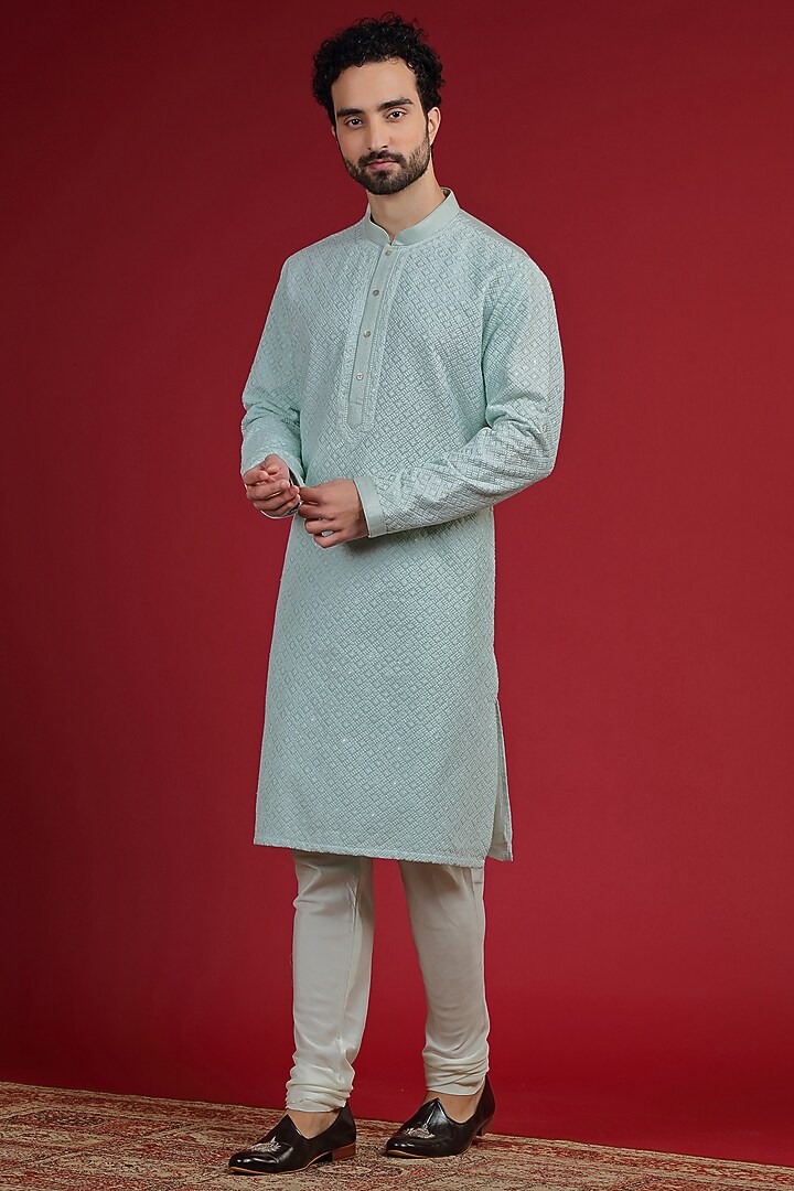 Frosty Mint Silk Blend Chikankari Embroidered Kurta Set by AUGUST by Swati Akash Jhunjhunwala at Pernia's Pop Up Shop