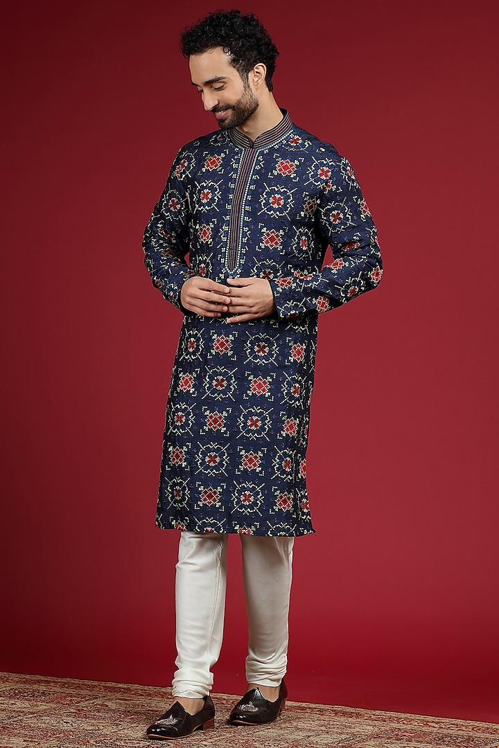 Royal Blue Silk Blend Patola Embroidered Kurta Set by AUGUST by Swati Akash Jhunjhunwala