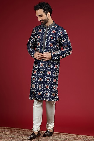 Royal Blue Silk Blend Patola Embroidered Kurta Set by AUGUST by Swati Akash Jhunjhunwala