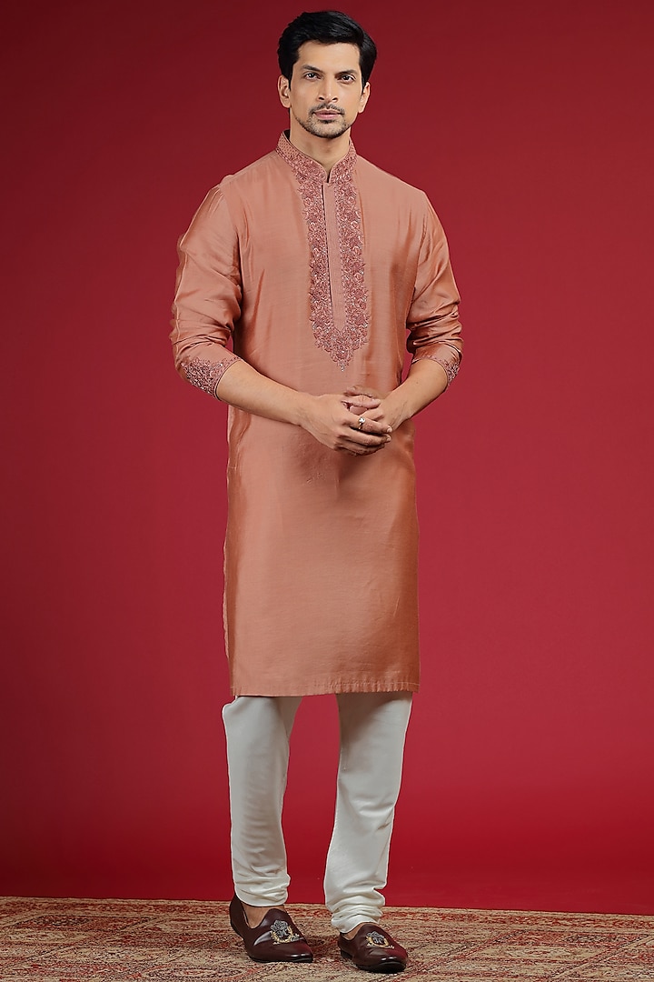 Blush Peach Silk Blend Hand Embroidered Kurta Set by AUGUST by Swati Akash Jhunjhunwala