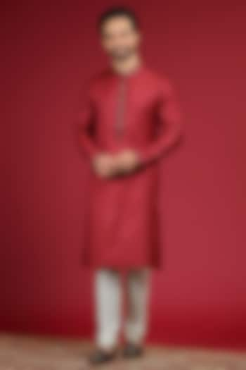 Cherry Red Silk Blend Embroidered Kurta Set by AUGUST by Swati Akash Jhunjhunwala