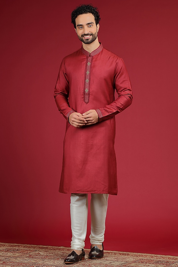 Cherry Red Silk Blend Embroidered Kurta Set by AUGUST by Swati Akash Jhunjhunwala