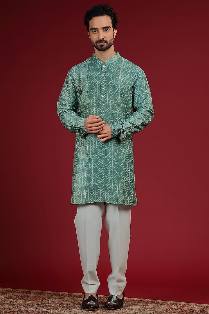 Sage Green Silk Blend Shibori Printed Short Kurta Set by AUGUST by Swati Akash Jhunjhunwala