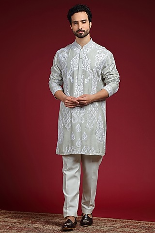 Sea Green Silk Blend Aari Embroidered Short Kurta Set by AUGUST by Swati Akash Jhunjhunwala