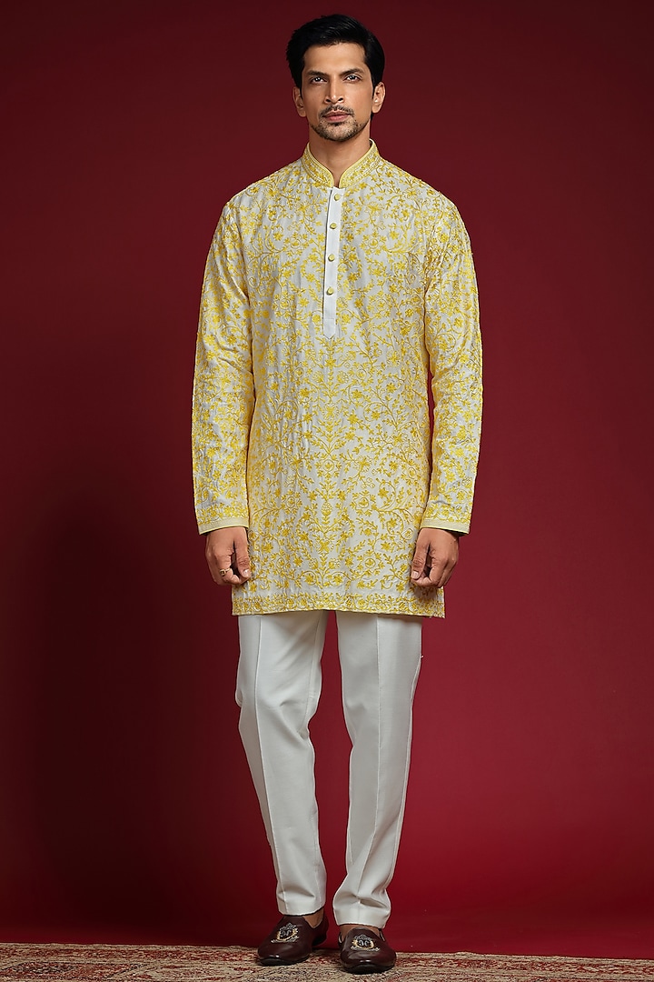 Haldi Yellow Silk Blend Aari Embroidered Short Kurta Set by AUGUST by Swati Akash Jhunjhunwala