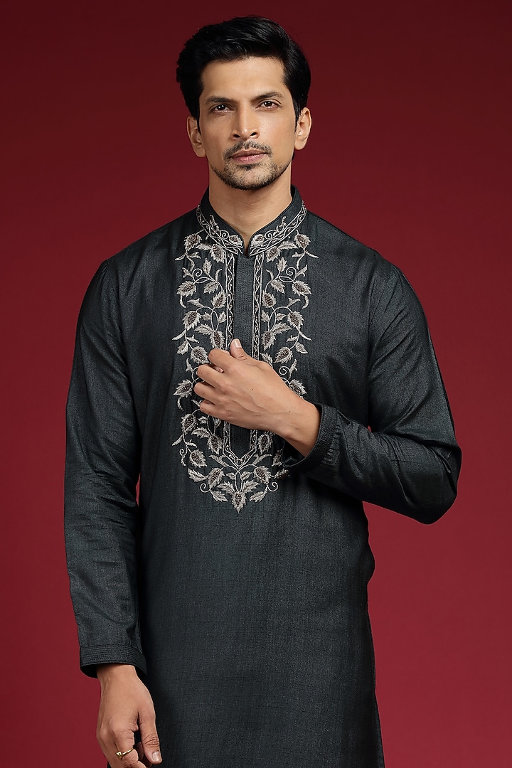 Charcoal Black Silk Blend Zardosi Hand Embroidered Kurta Set by AUGUST by Swati Akash Jhunjhunwala at Pernia's Pop Up Shop