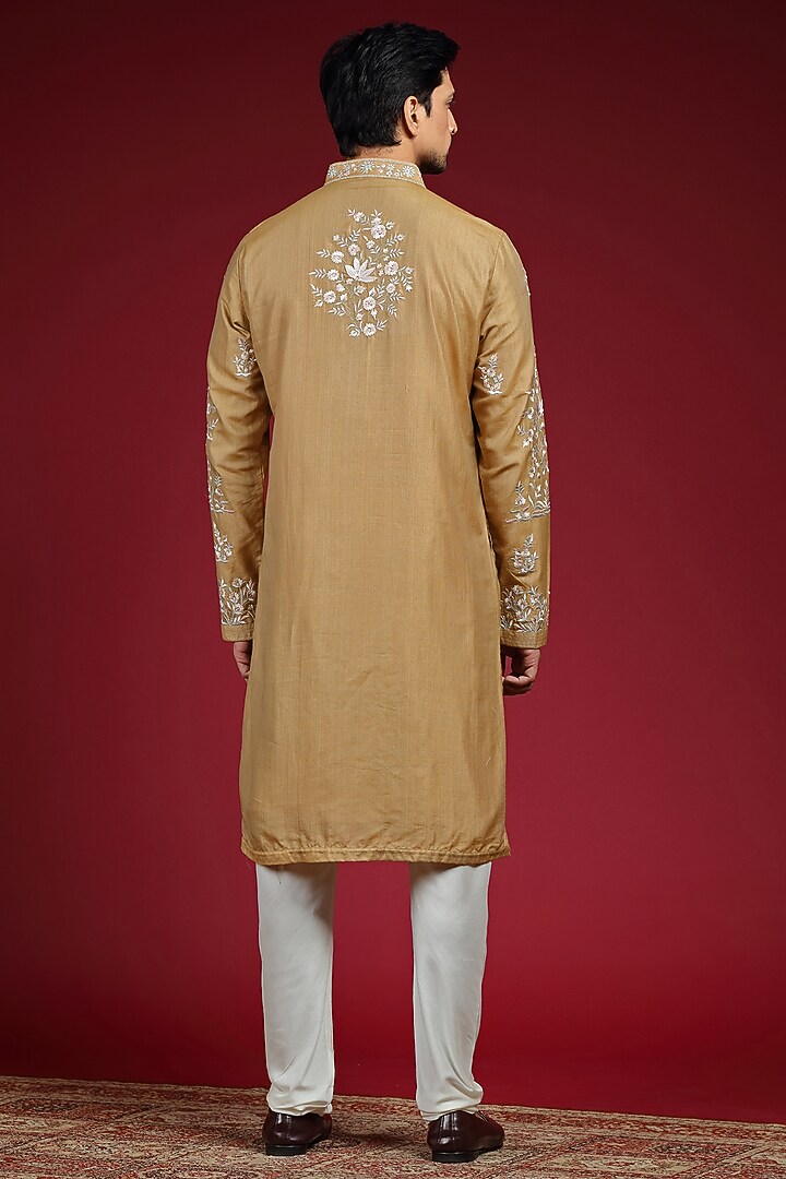Golden Silk Blend Jaal Embroidered Kurta Set by AUGUST by Swati Akash Jhunjhunwala at Pernia's Pop Up Shop
