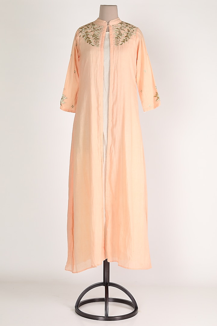 Peach & White Embroidered Tunic Set by Adara By Sheytal