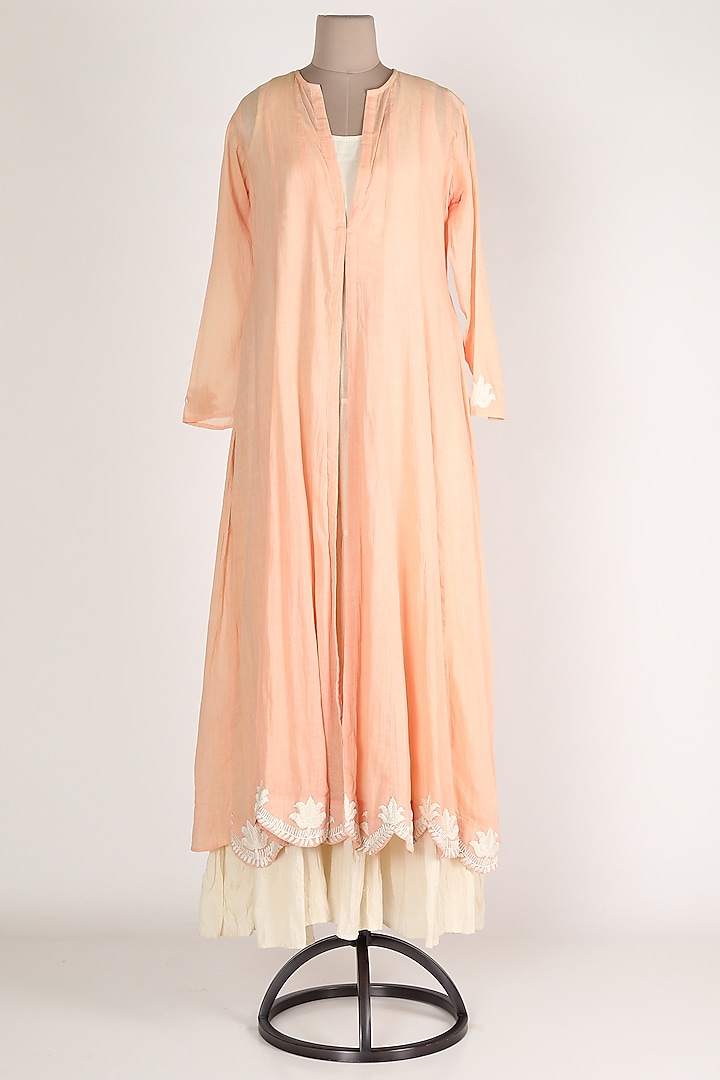 Peach & White Scalloped Tunic Set by Adara By Sheytal