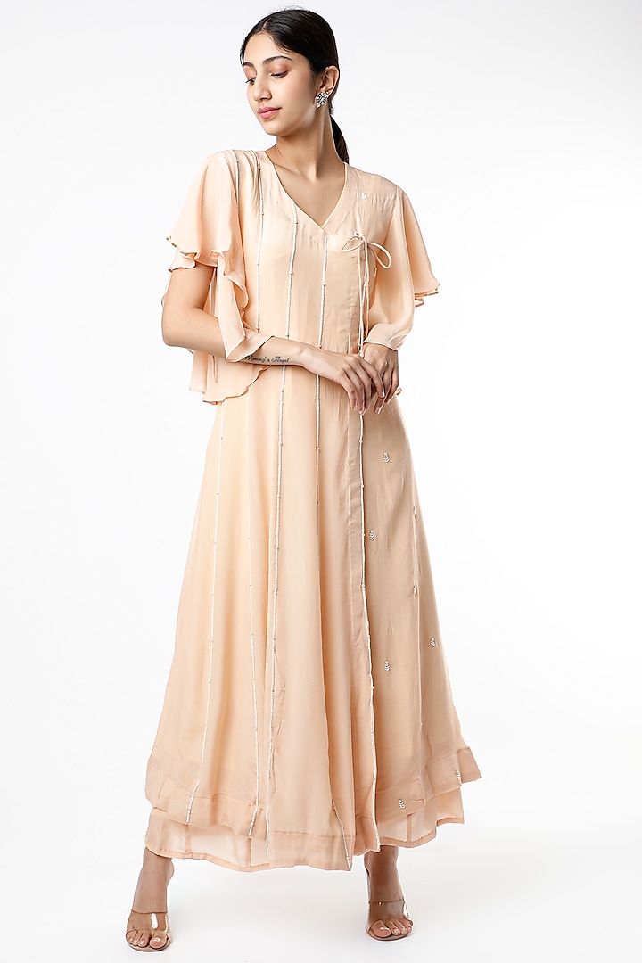 Blush Pink Angrakha Kurta Set With Pearls by Adara By Sheytal at Pernia's Pop Up Shop