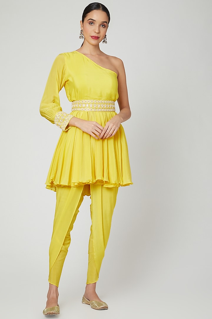 Yellow Embroidered One Shoulder Top, Dhoti & Belt by Adara by Sheytal