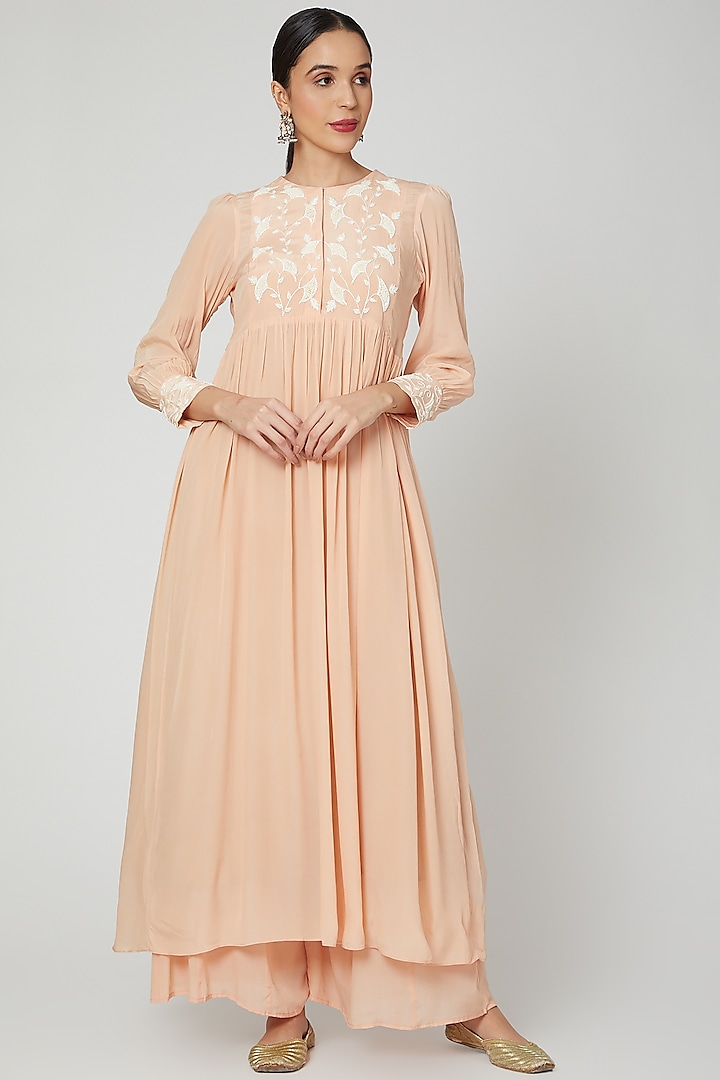 Blush Pink Long Embroidered Kurta With Pants by Adara by Sheytal