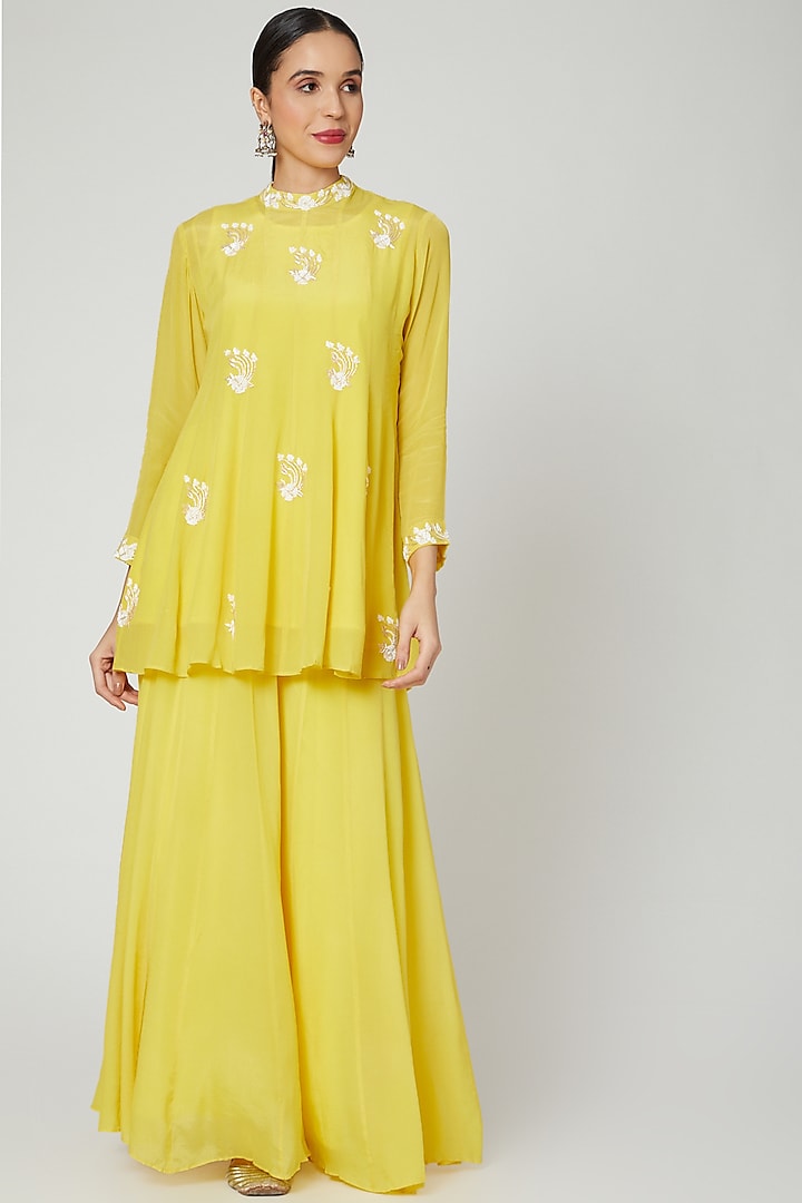 Yellow Embroidered Kalidar Kurta & Pants by Adara by Sheytal at Pernia's Pop Up Shop