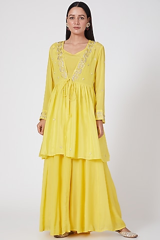 Yellow Crepe Jacket Set by Adara by Sheytal