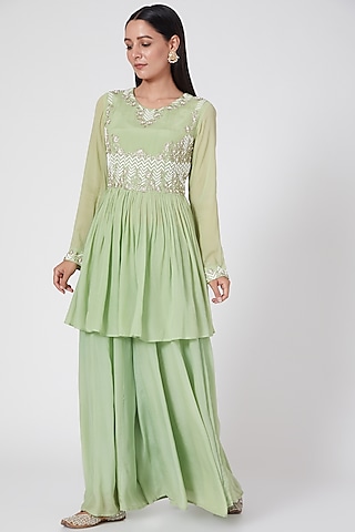 Mint Green Georgette Flared Palazzo Pant Set Design by Desi Vastra