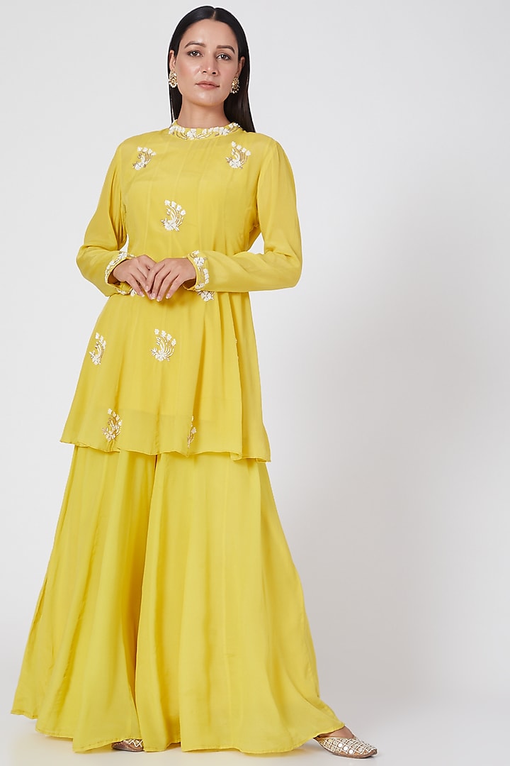 Yellow Crepe Kalidar Palazzo Pant Set by Adara by Sheytal