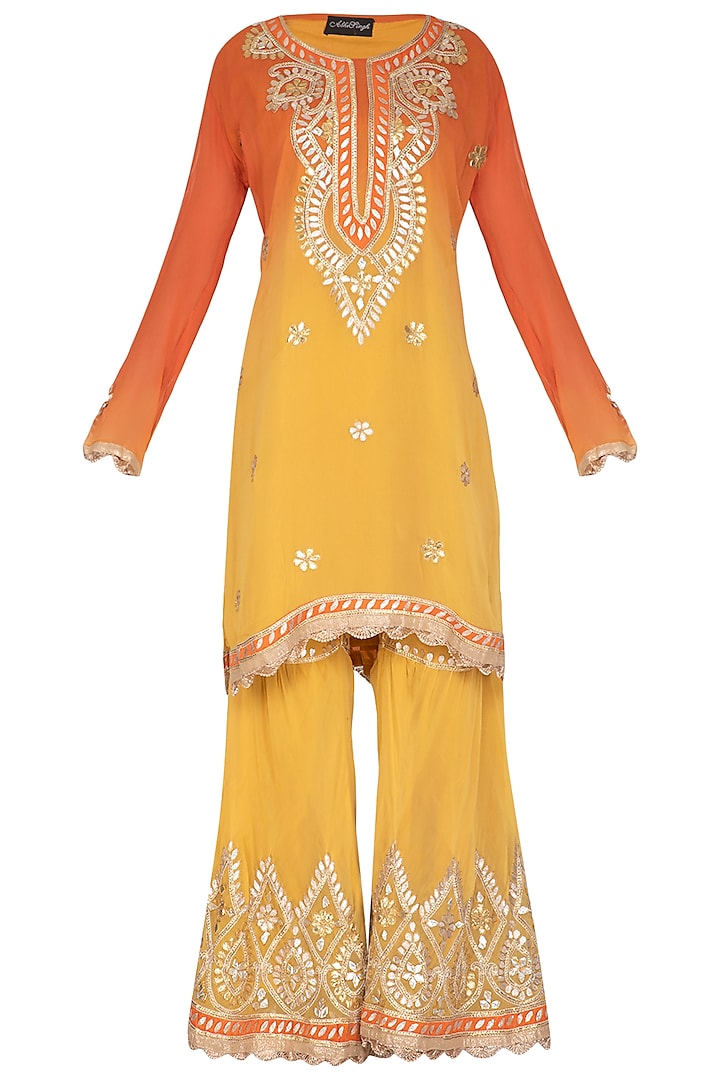 Orange & Yellow Embroidered Ombre Gharara Set by Abhi Singh