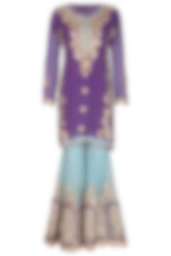 Violet & Turquoise Embroidered Gharara Set by Abhi Singh