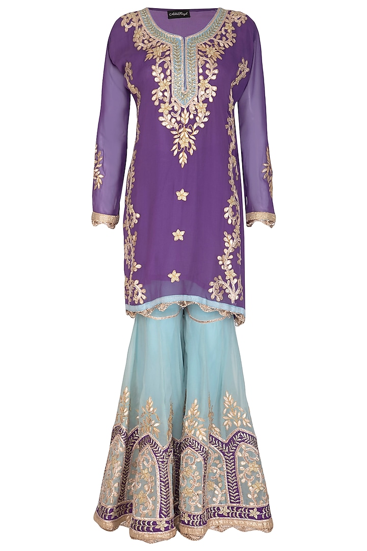 Violet & Turquoise Embroidered Gharara Set by Abhi Singh