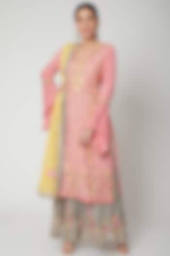 Pink & Grey Embroidered Gharara Set by Abhi Singh