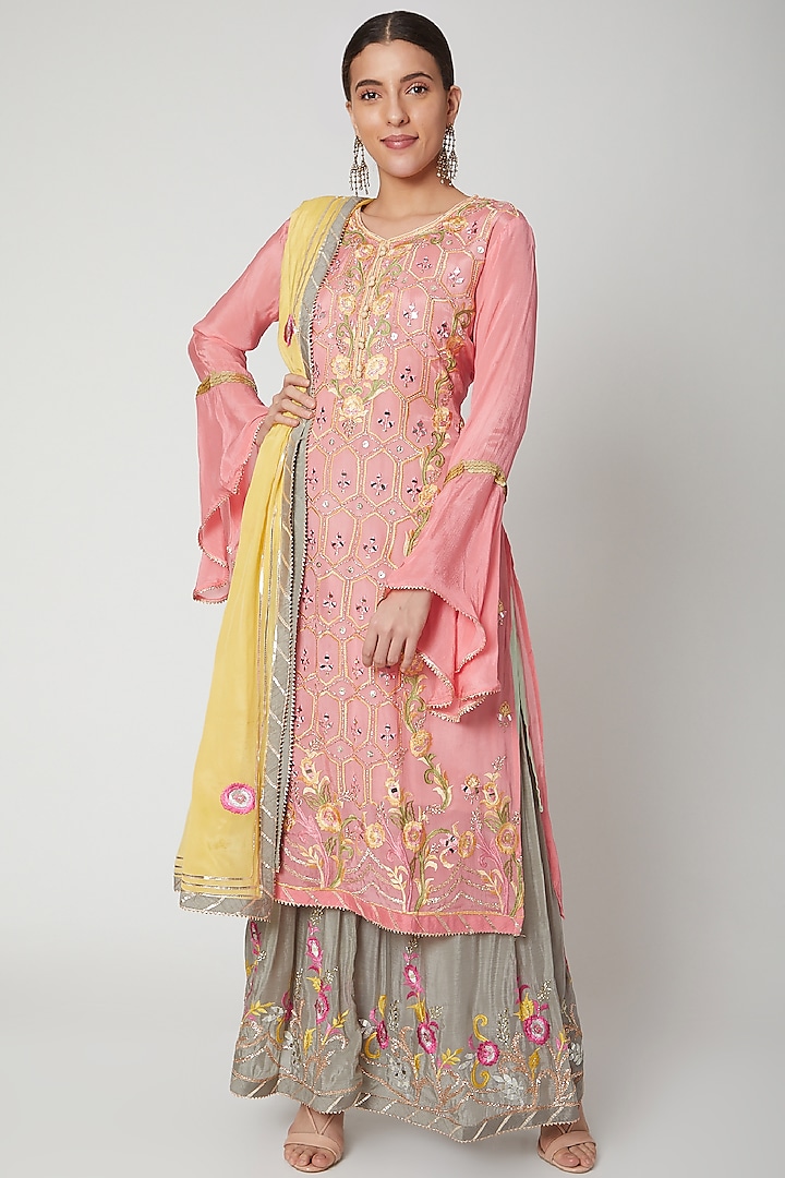 Pink & Grey Embroidered Gharara Set by Abhi Singh