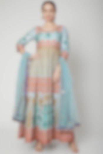 Turquoise Blue Embroidered Anarkali With Dupatta by Abhi Singh