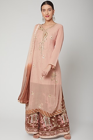 Peach & Brown Embroidered Gharara Set by Abhi Singh