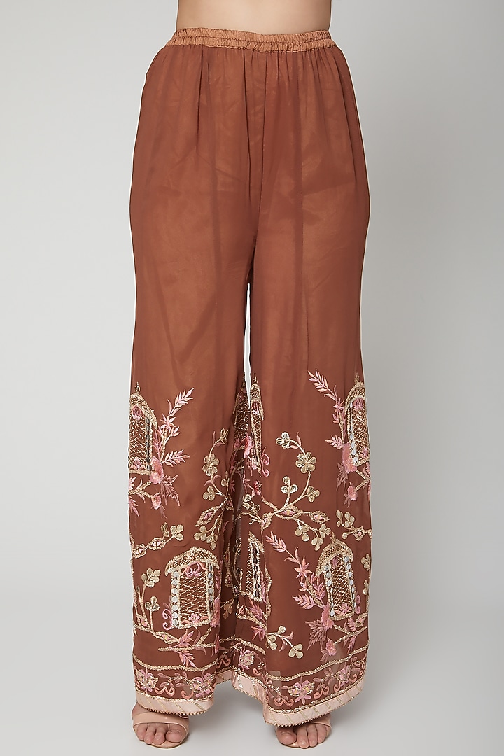Peach & Brown Embroidered Gharara Set by Abhi Singh at Pernia's Pop Up Shop
