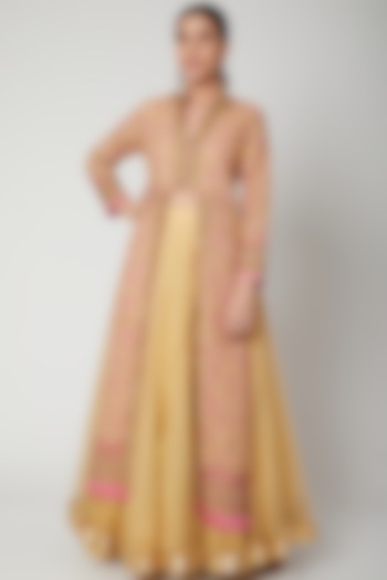 Beige Jacket With Yellow Skirt by Abhi Singh