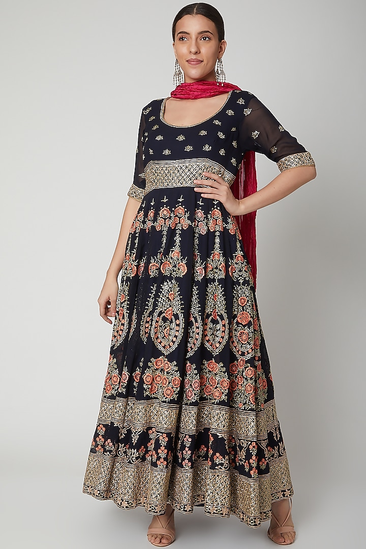 Deep Blue Embroidered Anarkali With Dupatta by Abhi Singh
