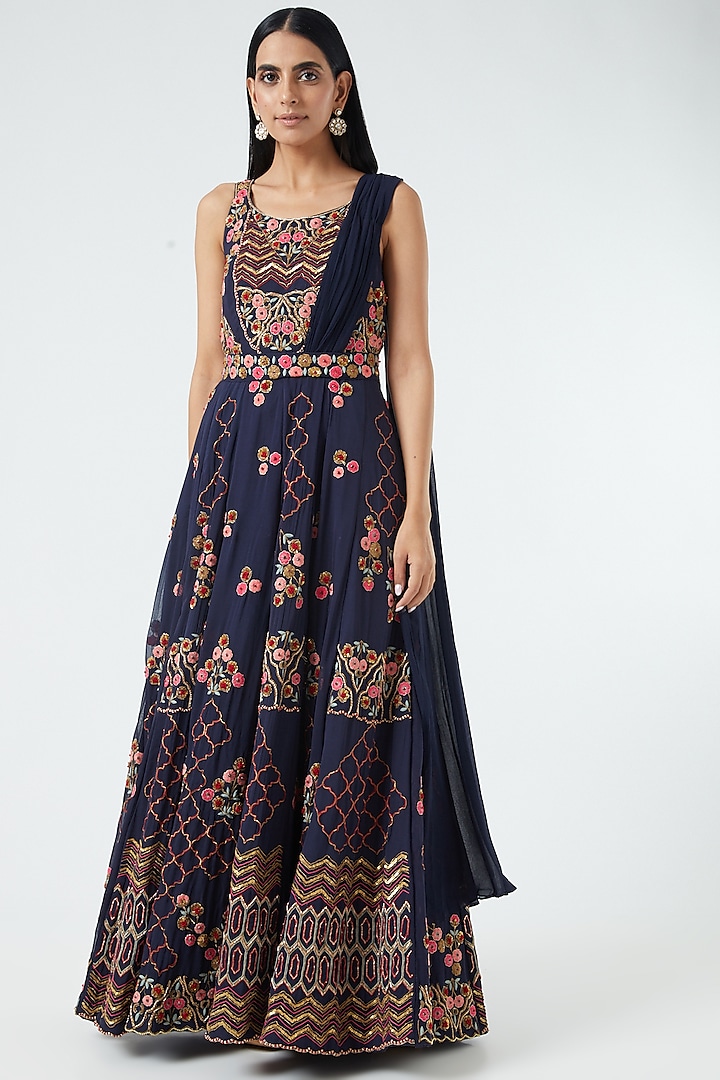 Royal Indigo Blue Embroidered Anarkali by Abhi Singh at Pernia's Pop Up Shop