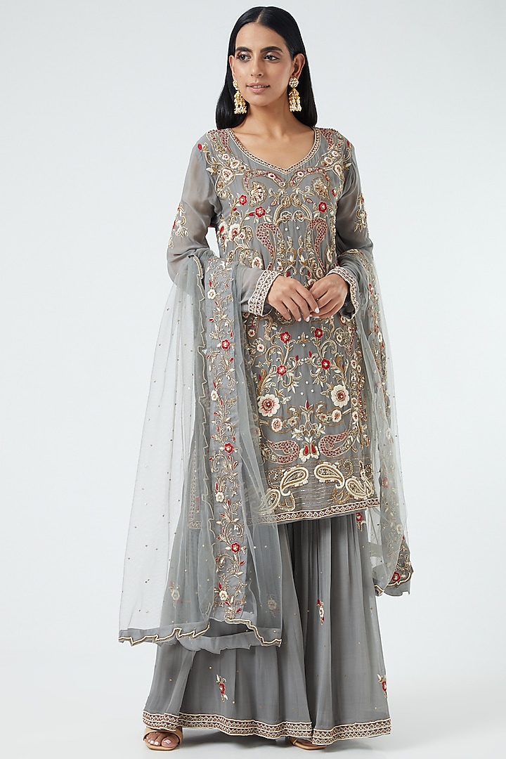 Grey Hand Embroidered Gharara Set by Abhi Singh at Pernia's Pop Up Shop