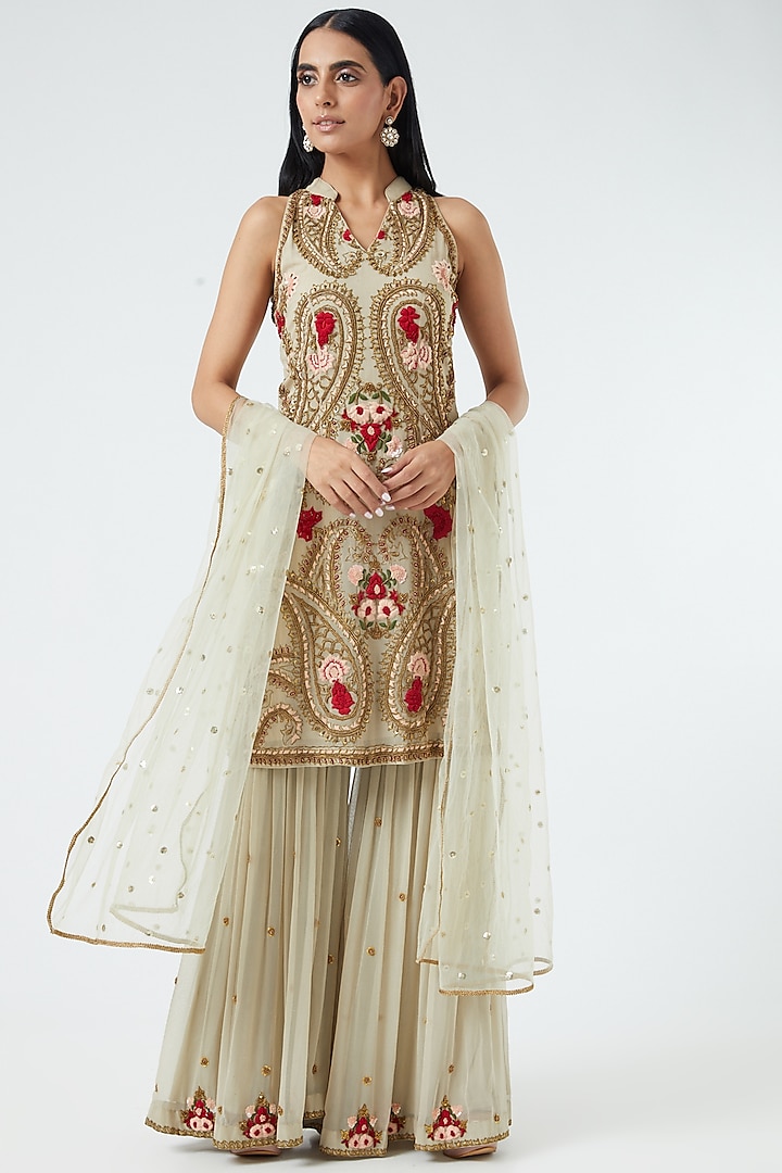 Grey Paisley Hand Embroidered Gharara Set by Abhi Singh at Pernia's Pop Up Shop