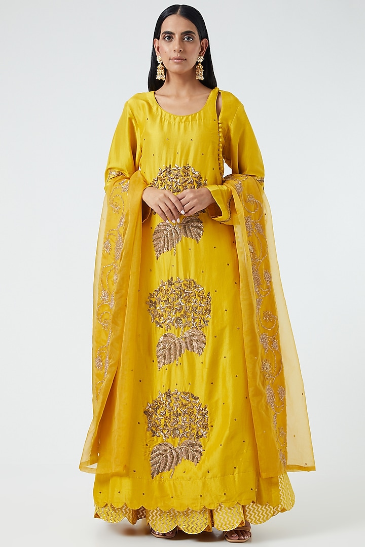 Yellow Hand Embroidered Gharara Set by Abhi Singh