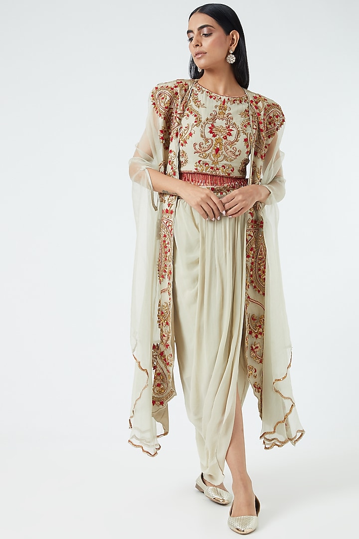 Nude Embroidered Cape Set by Abhi Singh