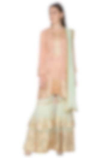 Peach & Sea Green Layered Gharara Set by Abhi Singh at Pernia's Pop Up Shop