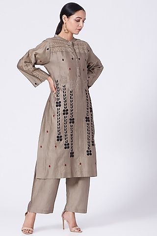 Dark Beige Floral Kurta Set by ABHI SINGH MADE IN INDIA